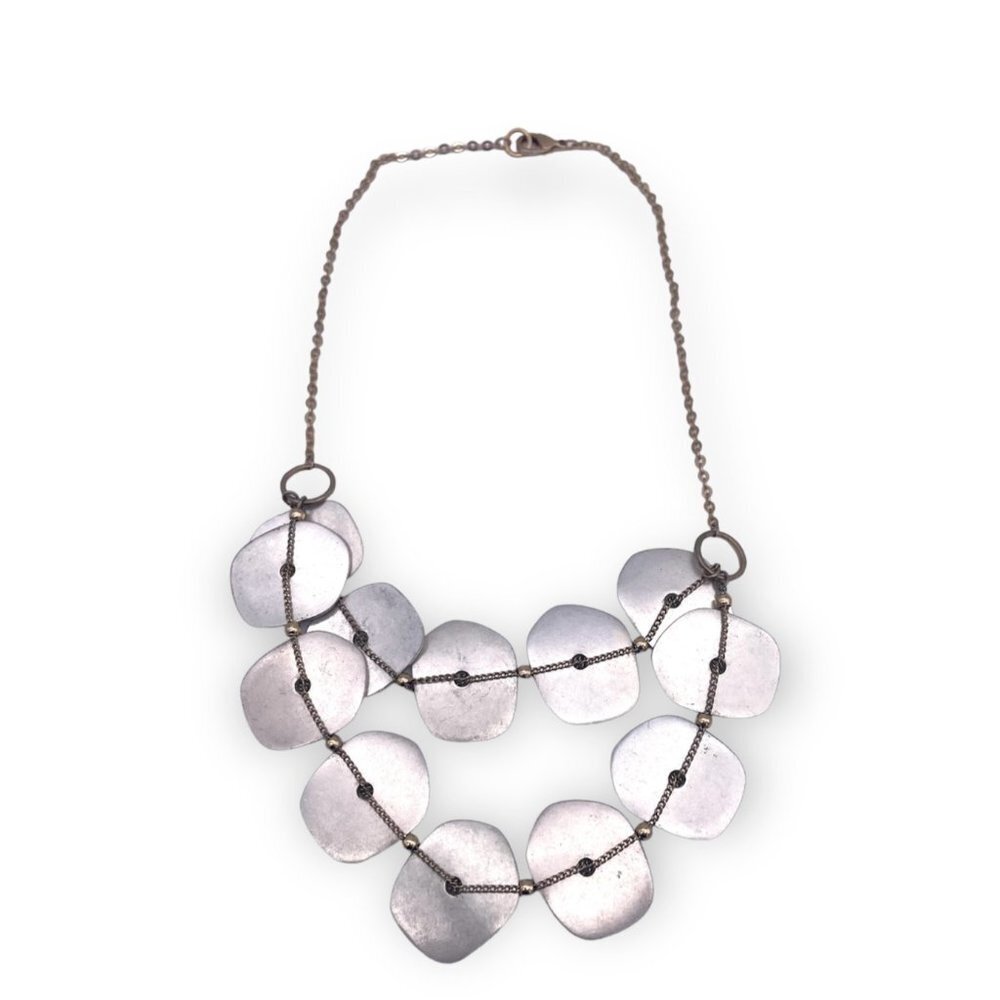Chunky Discs Layered Bib Necklace Beaded Chain Silver Gold Tone Lobster Closure